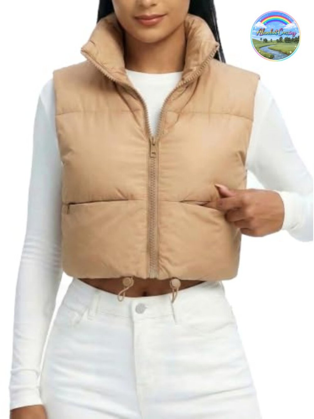 Cropped Puffer Vest Lightweight Zip Pockets Stand Collar
